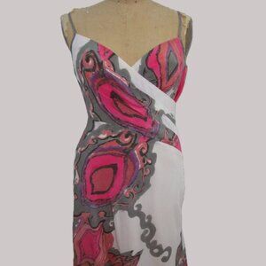 Bias Silk Sheer Strap Dress Ivory Fuchsia Signature Print USA